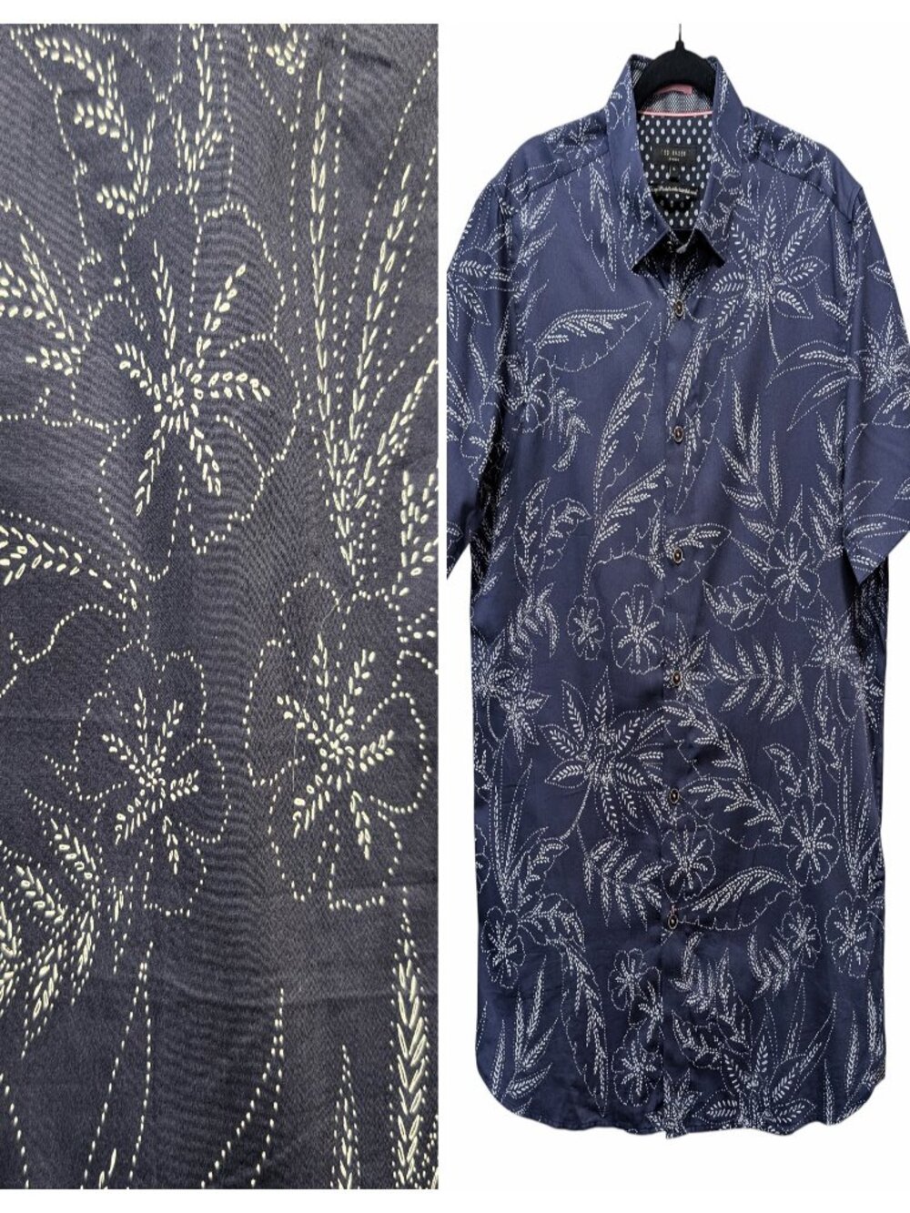 Ted Baker Mens Size 4/L Blue Floral Leaf 100% Cotton Short Sleeve Button Shirt